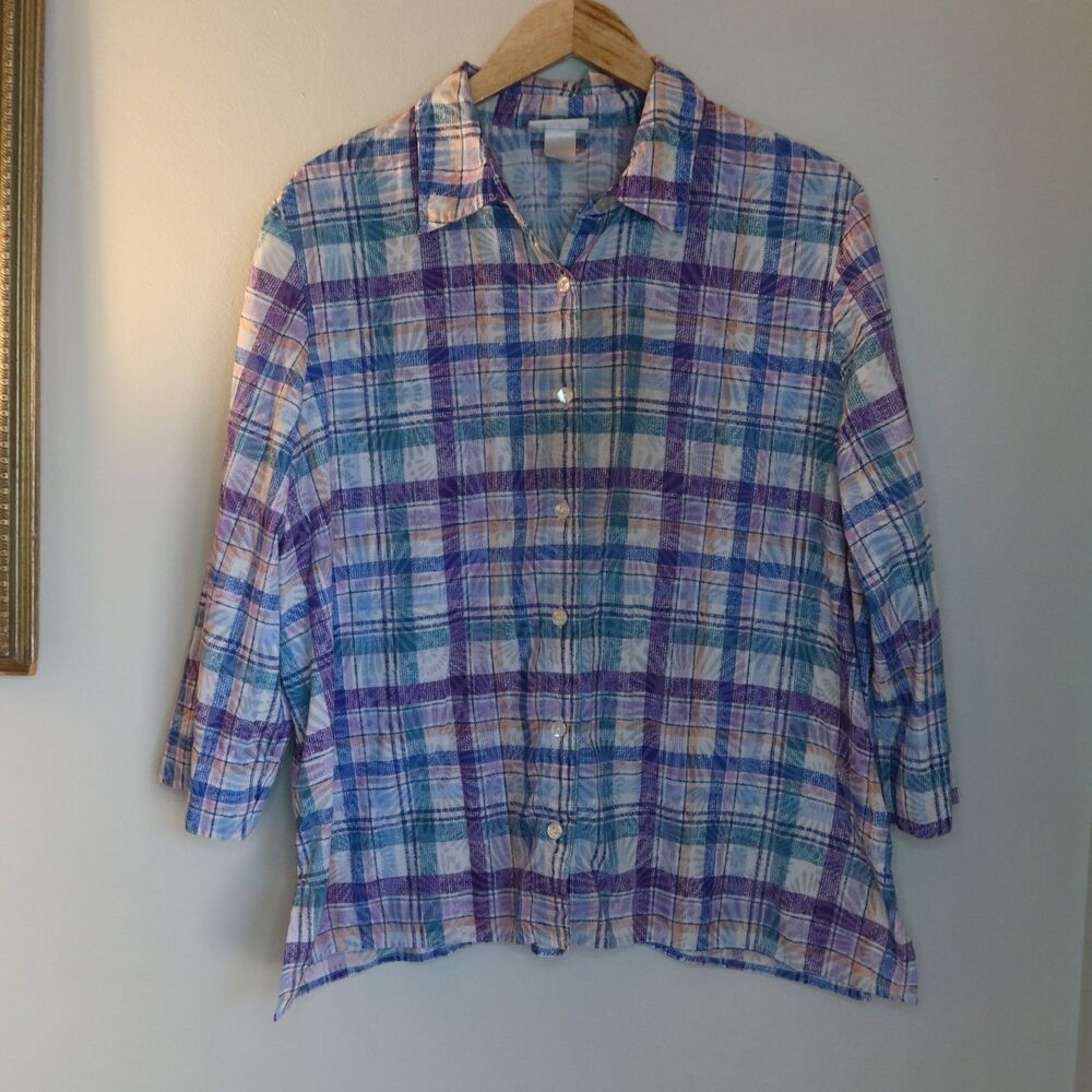 Alfred Dunner Plaid Button Front Blouse Womens XL Purple Blue 3/4 Sleeve Top y2k